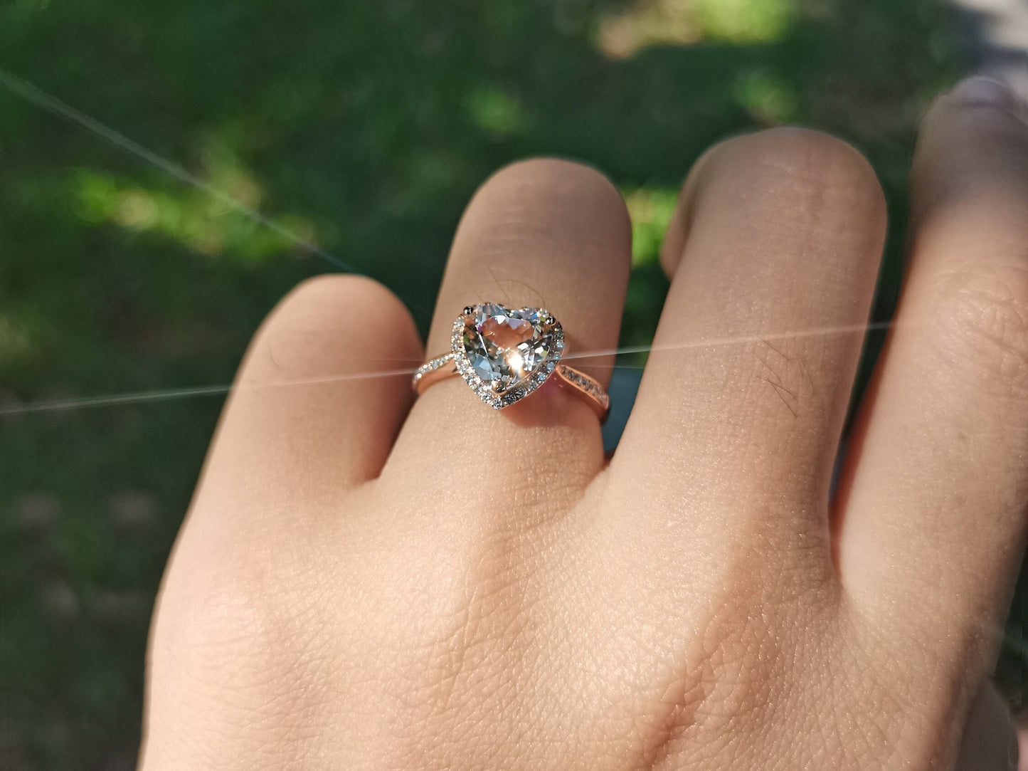 8mm Heart Cut Morganite Engagement Ring 14K Rose Gold Diamond Halo Half Eternity