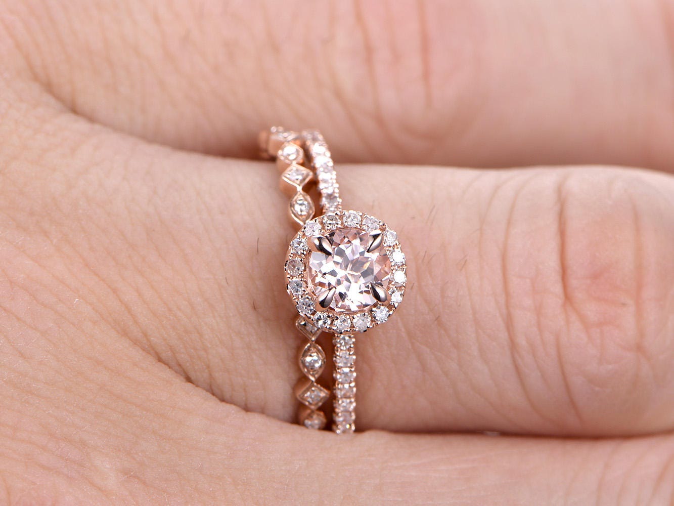 5mm-round-cut-morganite-engagement-ring-set-2pcs-14k-rose-gold-diamond-halo-full-eternity-matching-band