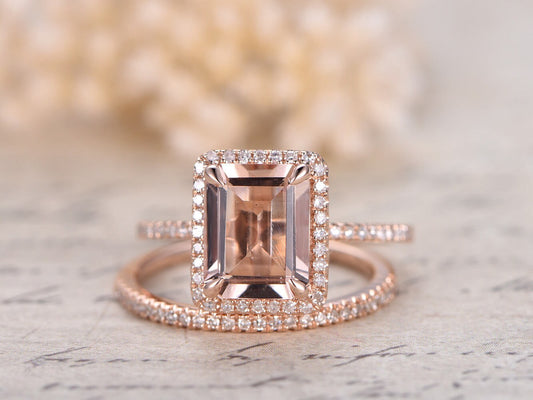 7x9mm Emerald Cut Morganite Engagement Ring Set 2pcs 14K Rose Gold Diamond Halo | Thin Matching Band