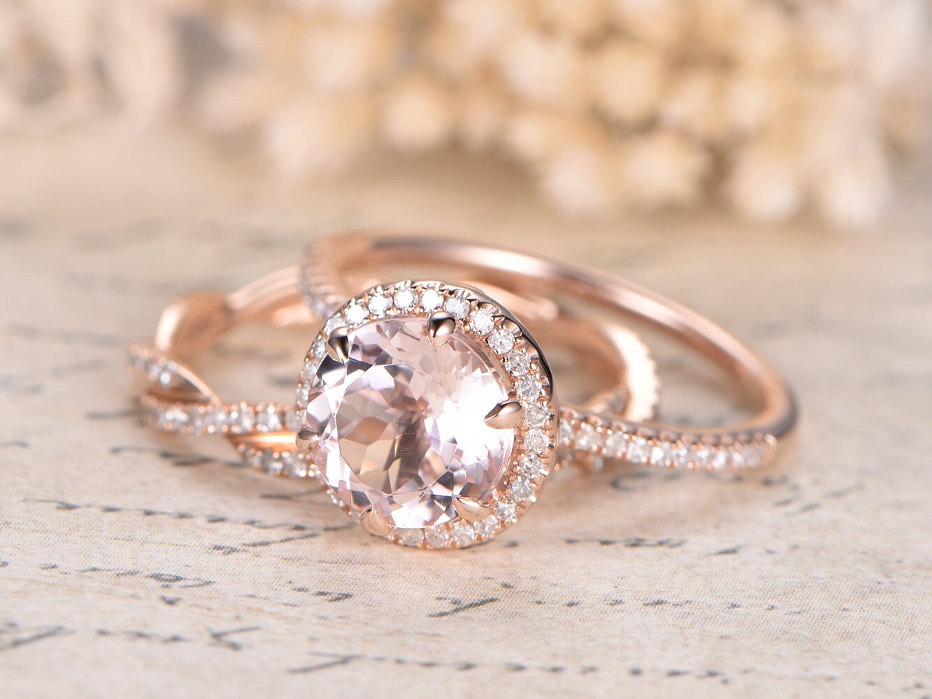 8mm-round-cut-morganite-engagement-ring-set-2pcs-14k-rose-gold-diamond-halo-design-full-eternity-infinity-matching-band