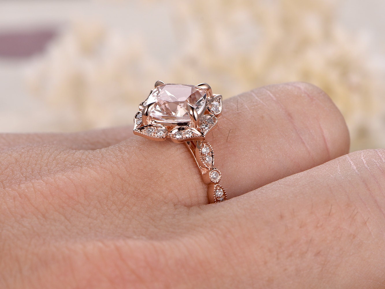 Bague de fiançailles en or rose 14 carats sertie de diamants pavés, alliance en morganite rose taille coussin de 8 mm, bague de mariée, bague de promesse