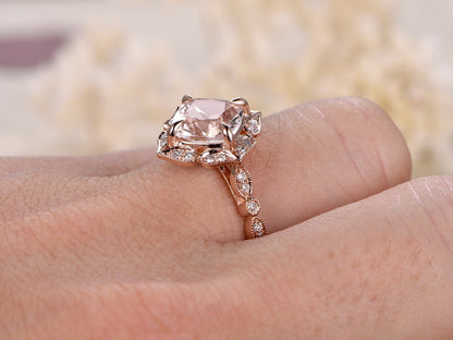 Bague de fiançailles en or rose 14 carats sertie de diamants pavés, alliance en morganite rose taille coussin de 8 mm, bague de mariée, bague de promesse