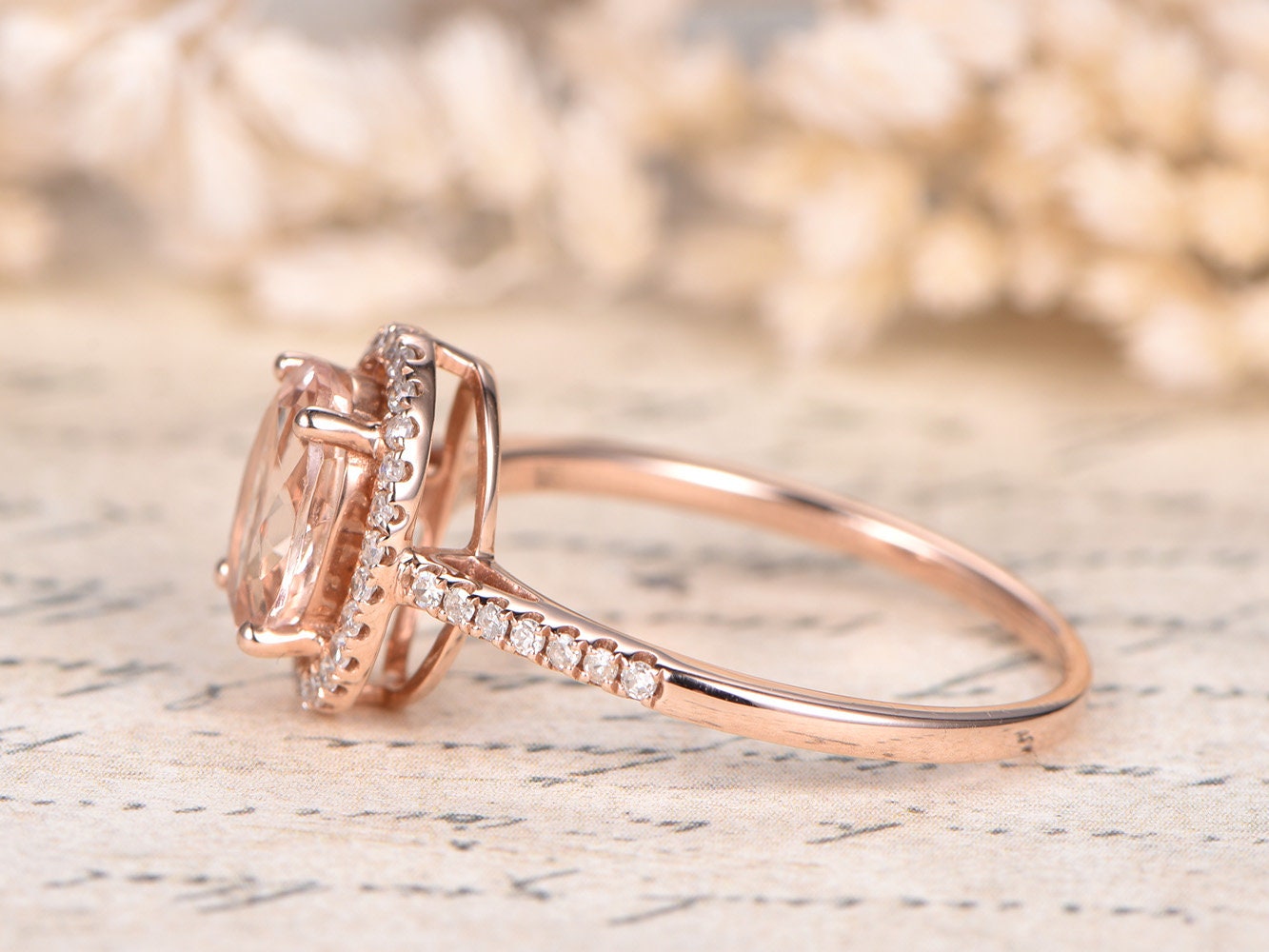 7x9mm Oval Cut Morganite Engagement Ring Vintage 14K Rose Gold Pave Set Diamond Halo