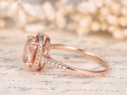 7x9mm Oval Cut Morganite Engagement Ring Vintage 14K Rose Gold Pave Set Diamond Halo