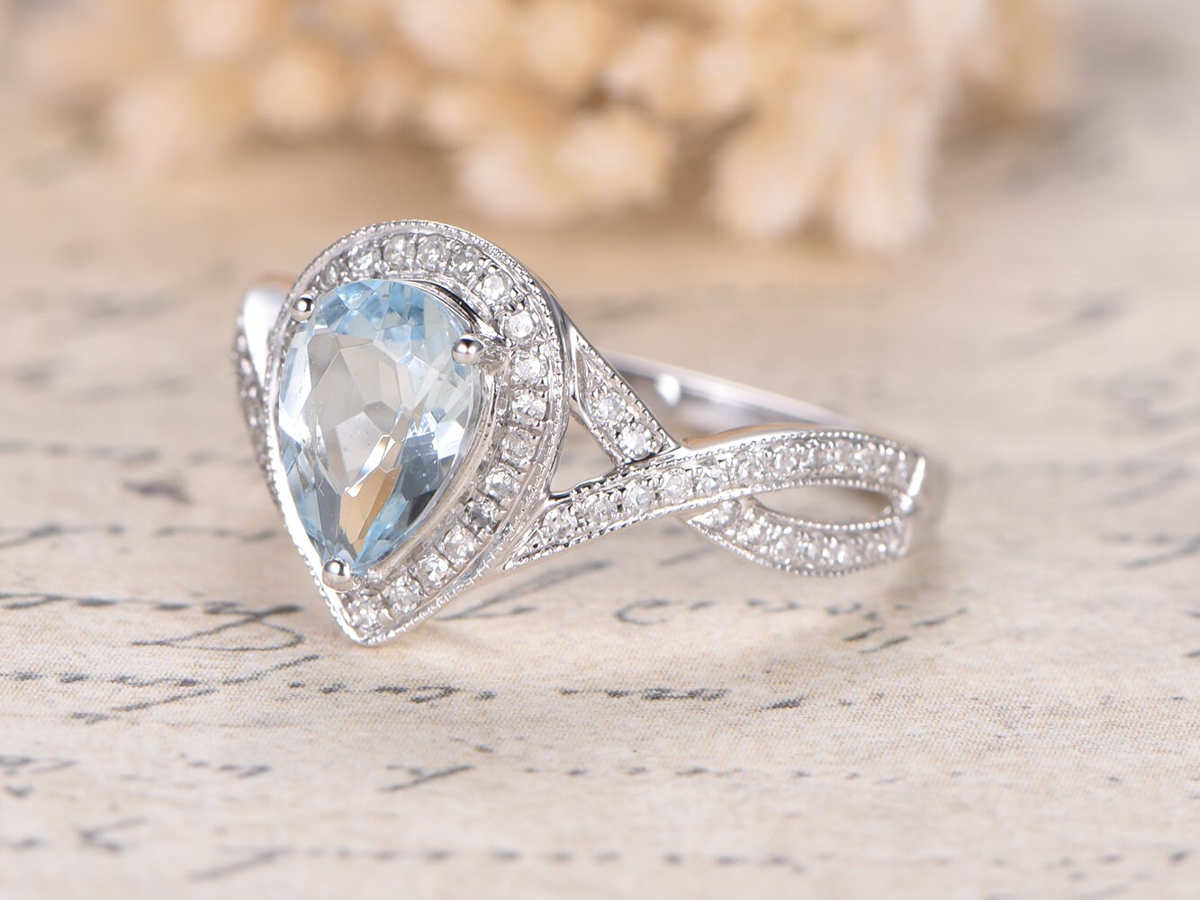 Bague en or blanc 14 carats avec aigue-marine, bague de fiançailles et alliance en diamant, anneau fendu, bague en diamant, aigue-marine décorative 6x8 mm