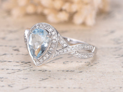 Bague en or blanc 14 carats avec aigue-marine, bague de fiançailles et alliance en diamant, anneau fendu, bague en diamant, aigue-marine décorative 6x8 mm