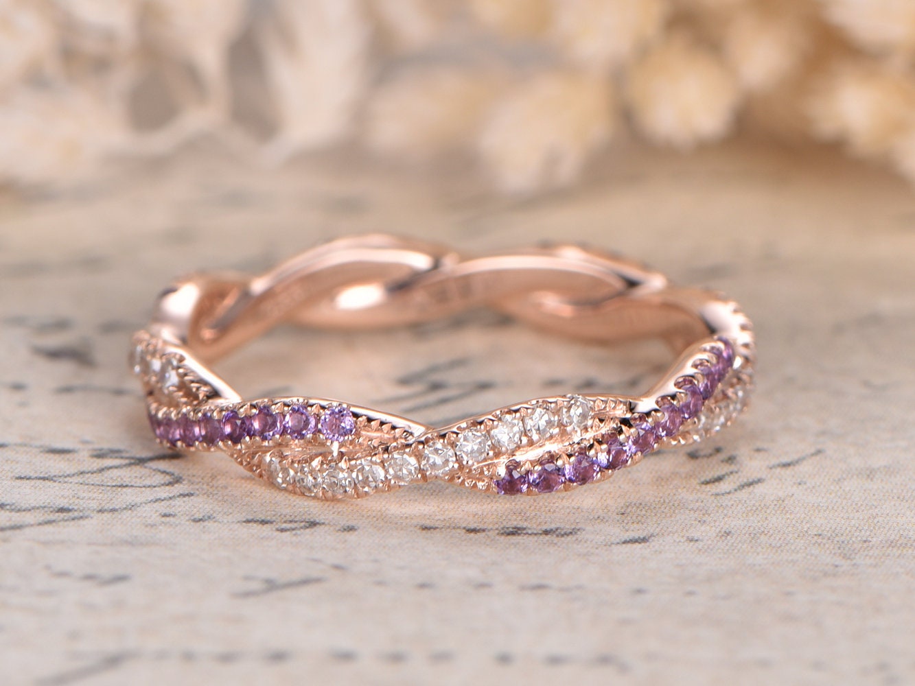 Diamond & Amethyst Wedding Band Full Eternity 14K Rose Gold Twist Design