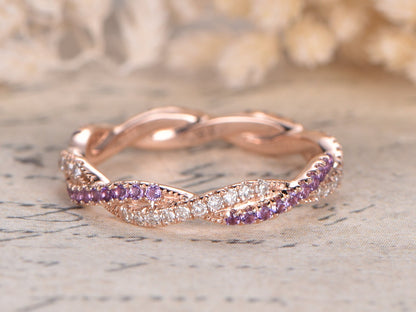 Diamond & Amethyst Wedding Band Full Eternity 14K Rose Gold Twist Design