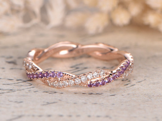 Diamond & Amethyst Wedding Band Full Eternity 14K Rose Gold Twist Design
