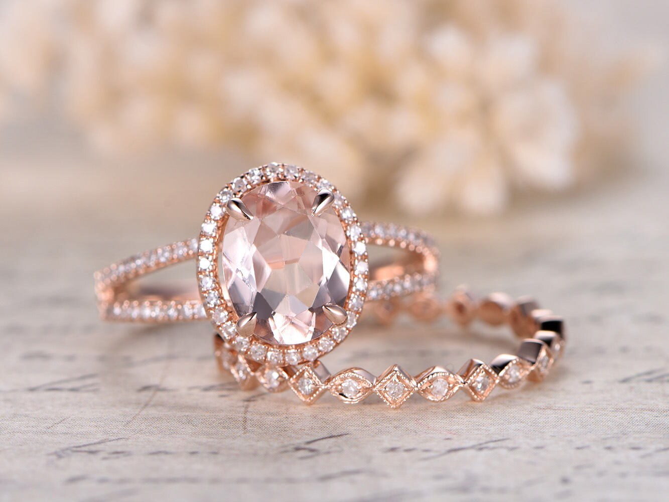 8x10mm-oval-cut-morganite-engagement-set-2pcs-14k-rose-gold-split-shank-halo-diamond-art-deco-matching-band