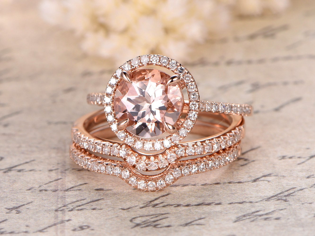 8mm Round Cut Morganite Engagement Ring Set 3pcs 14K Rose Gold Diamond Halo | Two Curved Matching Band