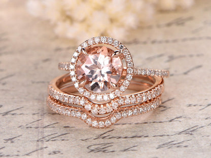 8mm Round Cut Morganite Engagement Ring Set 3pcs 14K Rose Gold Diamond Halo | Two Curved Matching Band