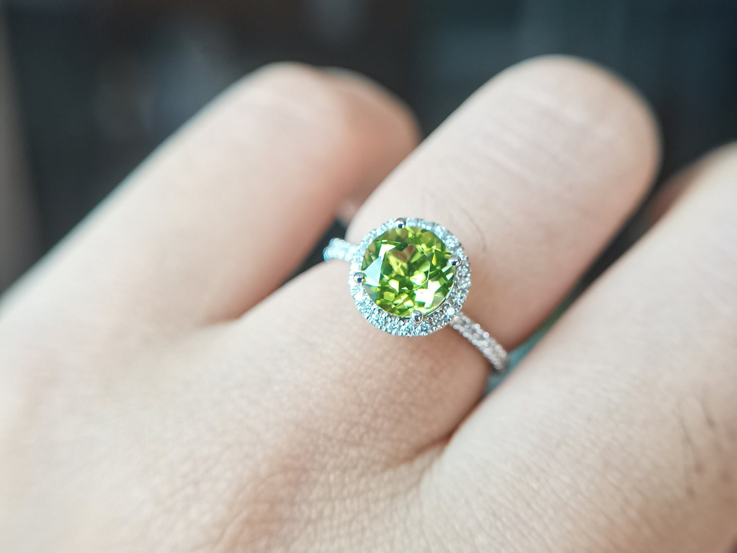 7mm Round Cut Peridot Engagement Ring 14K White Gold Diamond Halo Half Eternity Design