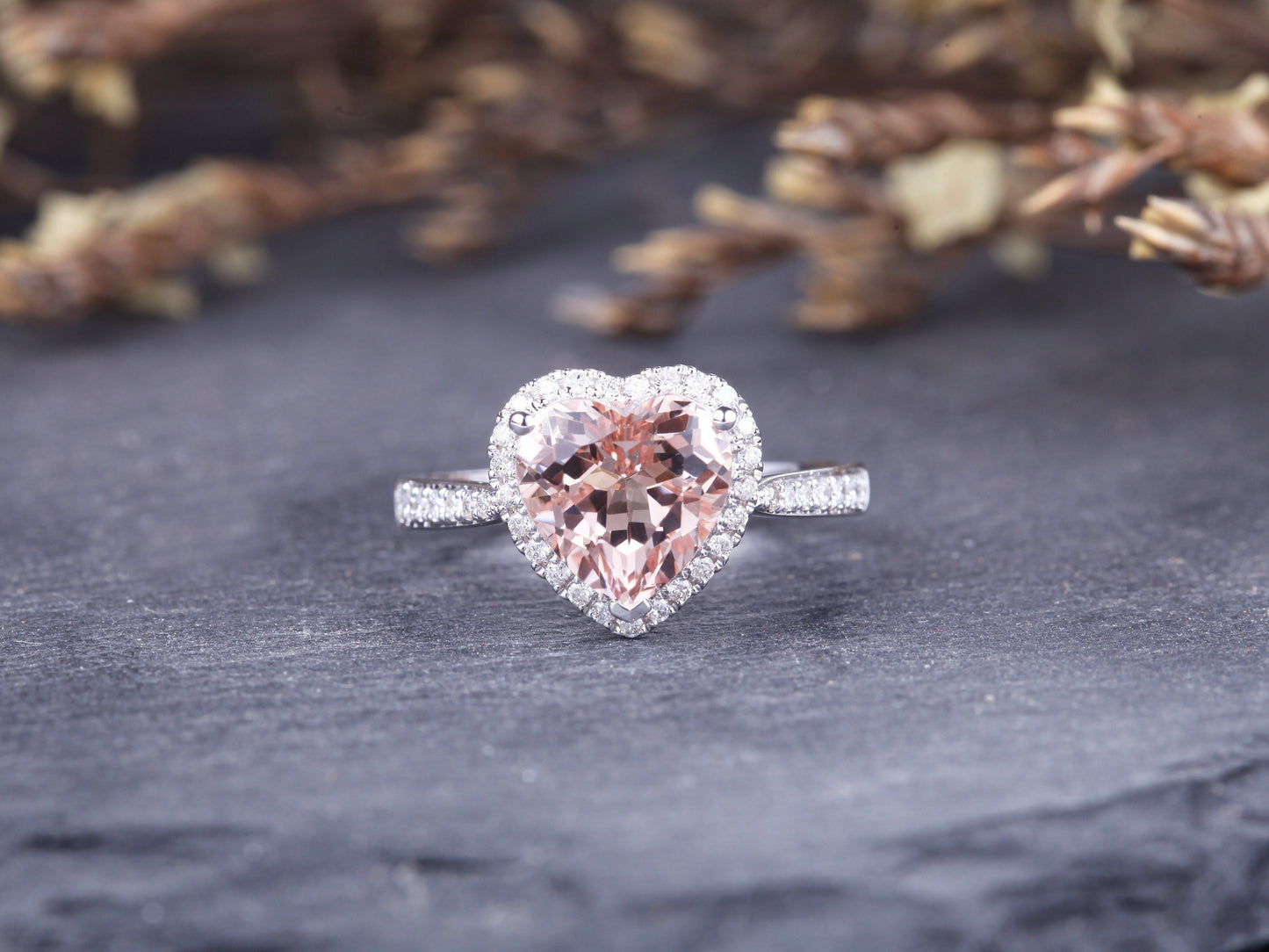 8mm Heart Cut Morganite Engagement Ring 14K Rose Gold Diamond Halo Half Eternity
