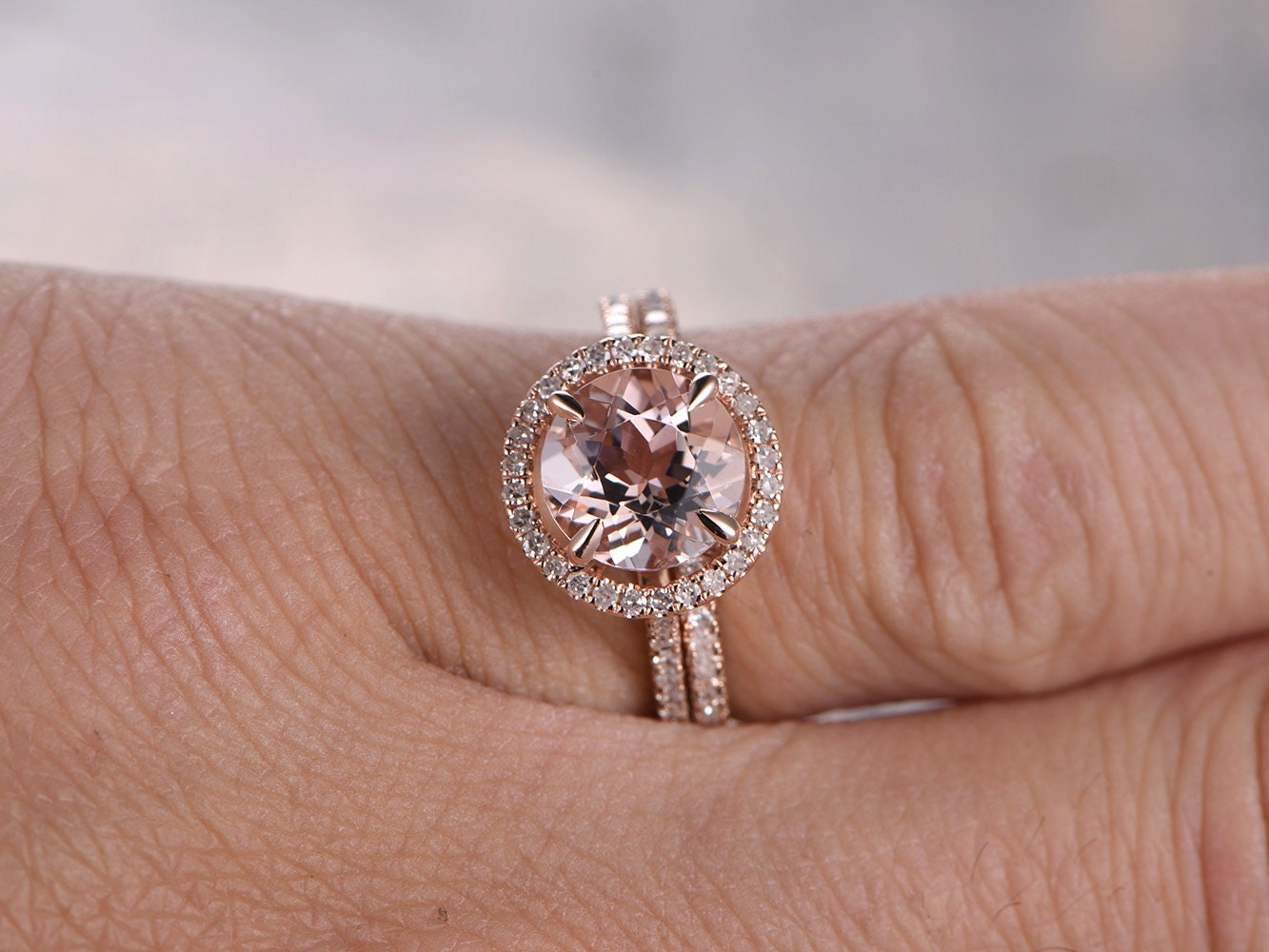 7mm-round-cut-morganite-engagement-ring-set-2pcs-14k-rose-gold-diamond-halo-half-eternity-curved-band
