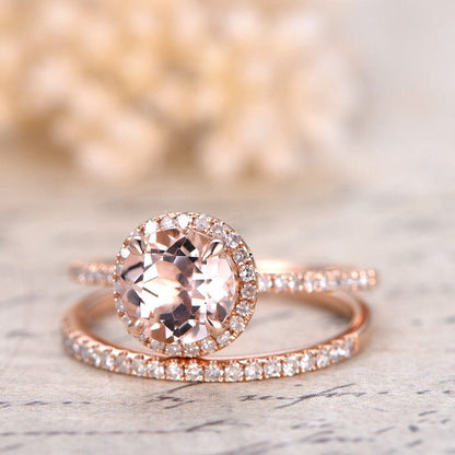 Bague de fiançailles en morganite ronde de 7 mm, alliance en or rose 14 carats massif avec diamants, style Art déco.
