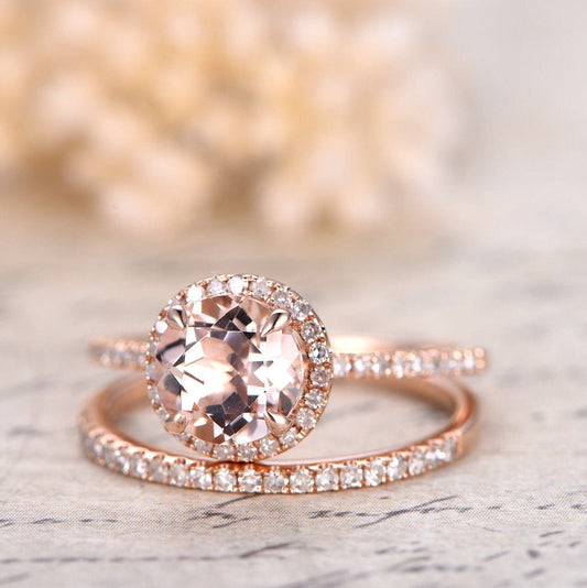 Bague de fiançailles en morganite ronde de 7 mm, alliance en or rose 14 carats massif avec diamants, style Art déco.
