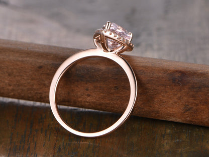 Bague en morganite rose, anneau simple en or rose, bague de mariage avec halo de diamants, bague de fiançailles en morganite taille poire 6x9mm, bague de mariage en morganite en forme de larme