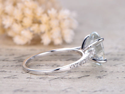 Bague de fiançailles en or blanc 14 carats massif, sertie d'une aigue-marine ovale de 9 x 11 mm, demi-alliance sertie de diamants, bague de promesse, style cathédrale, pavé de billes