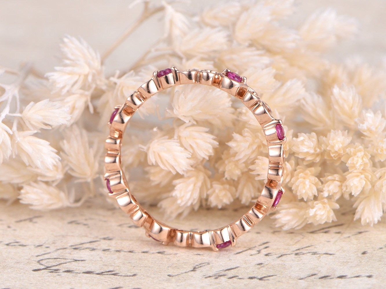 Bague de fiançailles Art Déco en rubis, alliance en or rose 14 carats, sertie de fleurs et de points, bague infinie, promesse
