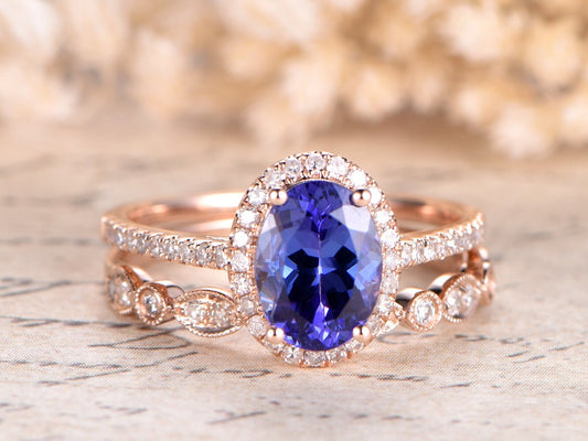 6x8mm Oval Cut Tanzanite Engagement Ring Set 2pcs 14K Rose Gold Diamond Halo | Art Deco Matching Band