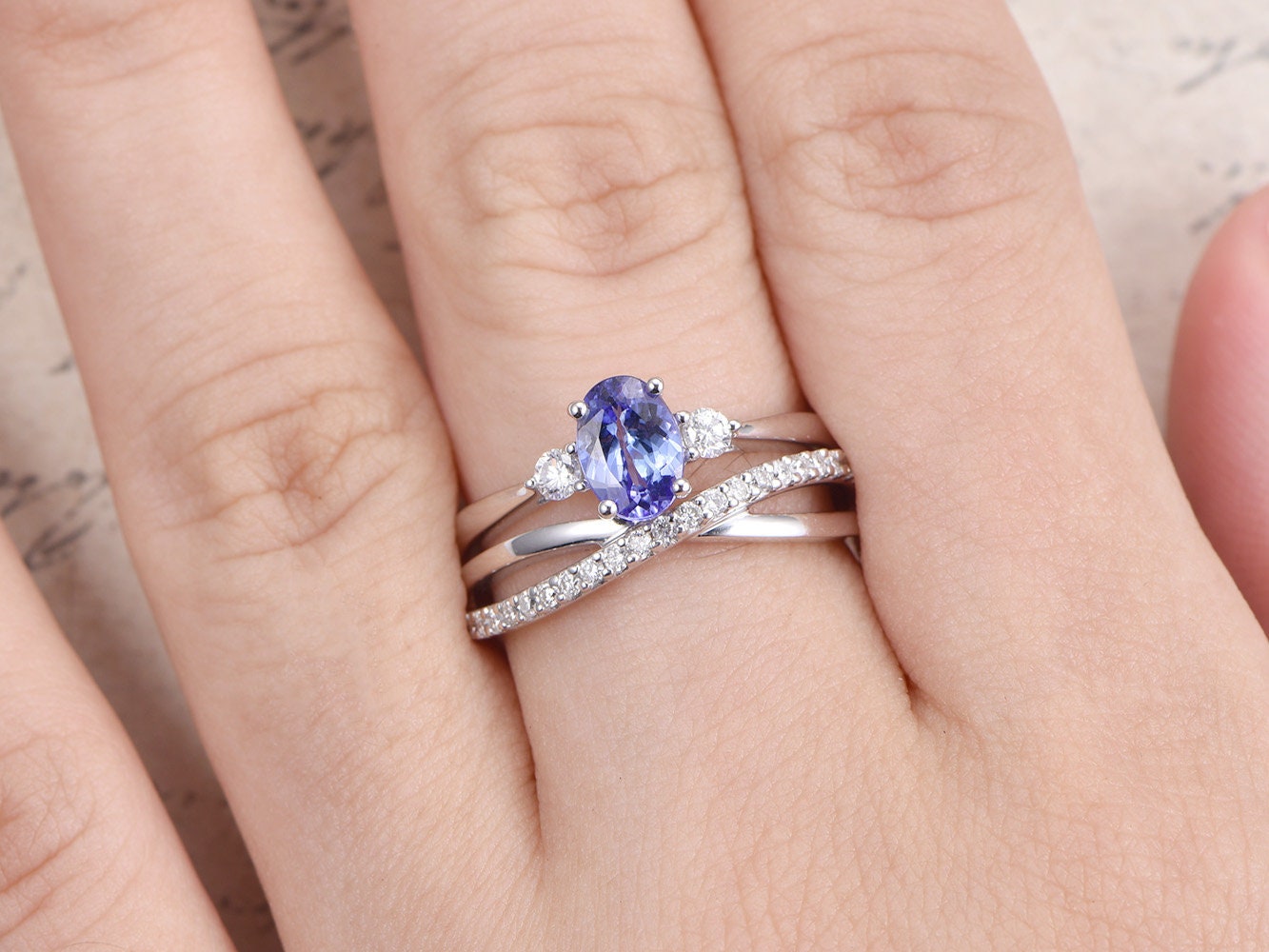 5x7mm Oval Cut Tanzanite Engagement Ring Set 2pcs 14K White Gold | Diamond Twist Matching Band