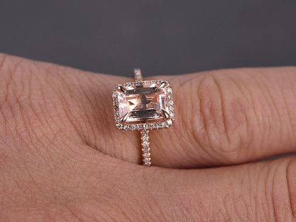 Bague de fiançailles Deco Morganite, alliance en or rose et diamants, bague morganite taille émeraude 6x8mm, bague femme diamant demi-alliance