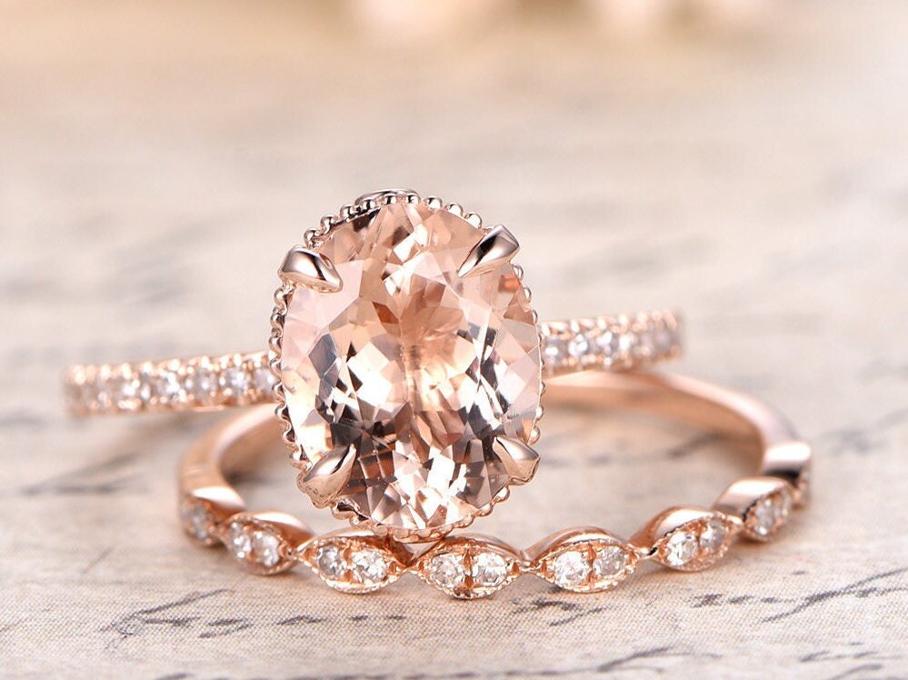 9x11mm Oval Cut Morganite Engagement Ring Set 2pcs 14K Rose Gold Diamond Half Eternity Solitaire | Thin Matching Band