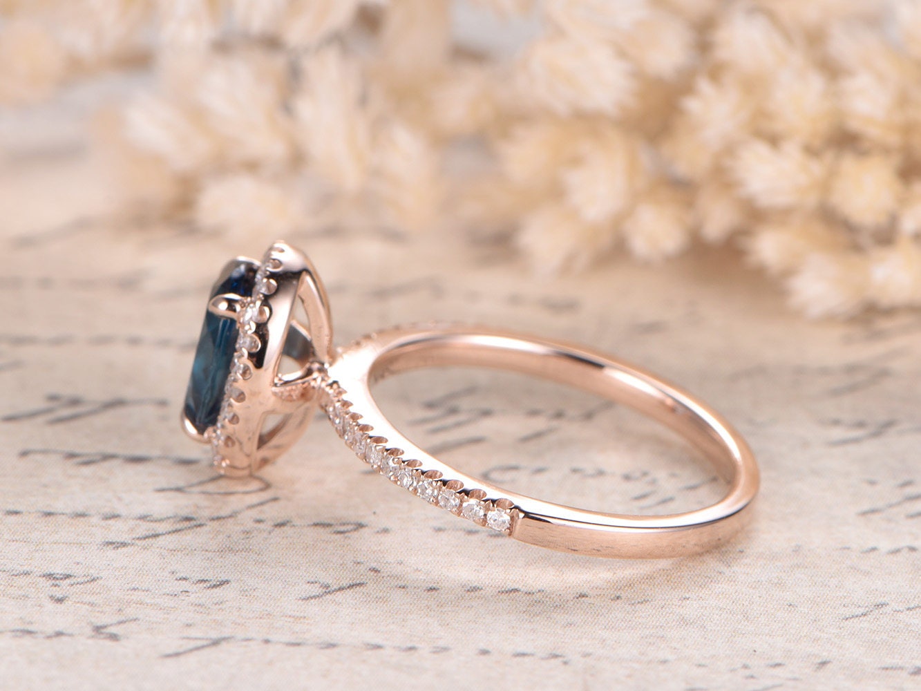 6x8mm Oval London Blue Topaz Engagement Ring Solid 14K Rose Gold Diamond Claw Prong Set