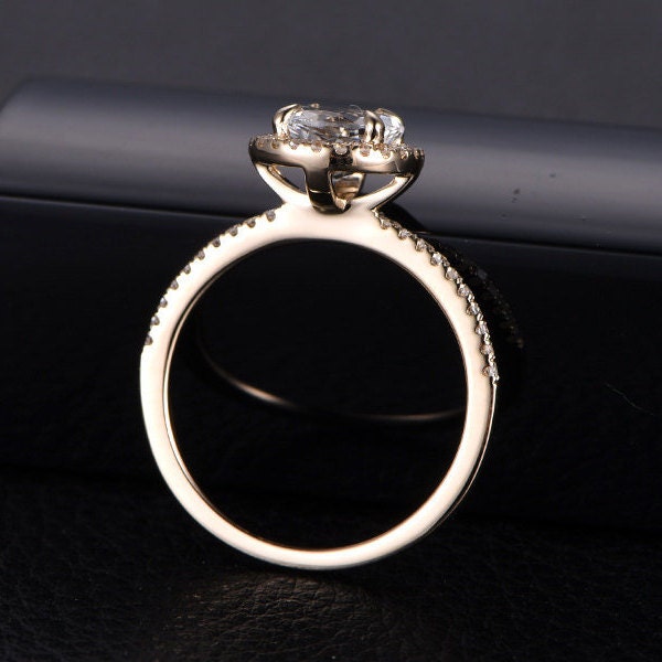Bague de fiançailles en morganite ronde de 7 mm, sertie de diamants pavés, alliance et halo de diamants, cadeau de Saint-Valentin, or jaune 14 carats, style vintage.