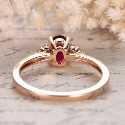 Bague de fiançailles en or rose 14 carats avec rubis rouge VS, anneau simple, bague de promesse en diamant, bague avec rubis ovale traité en laboratoire, alliance en diamant.
