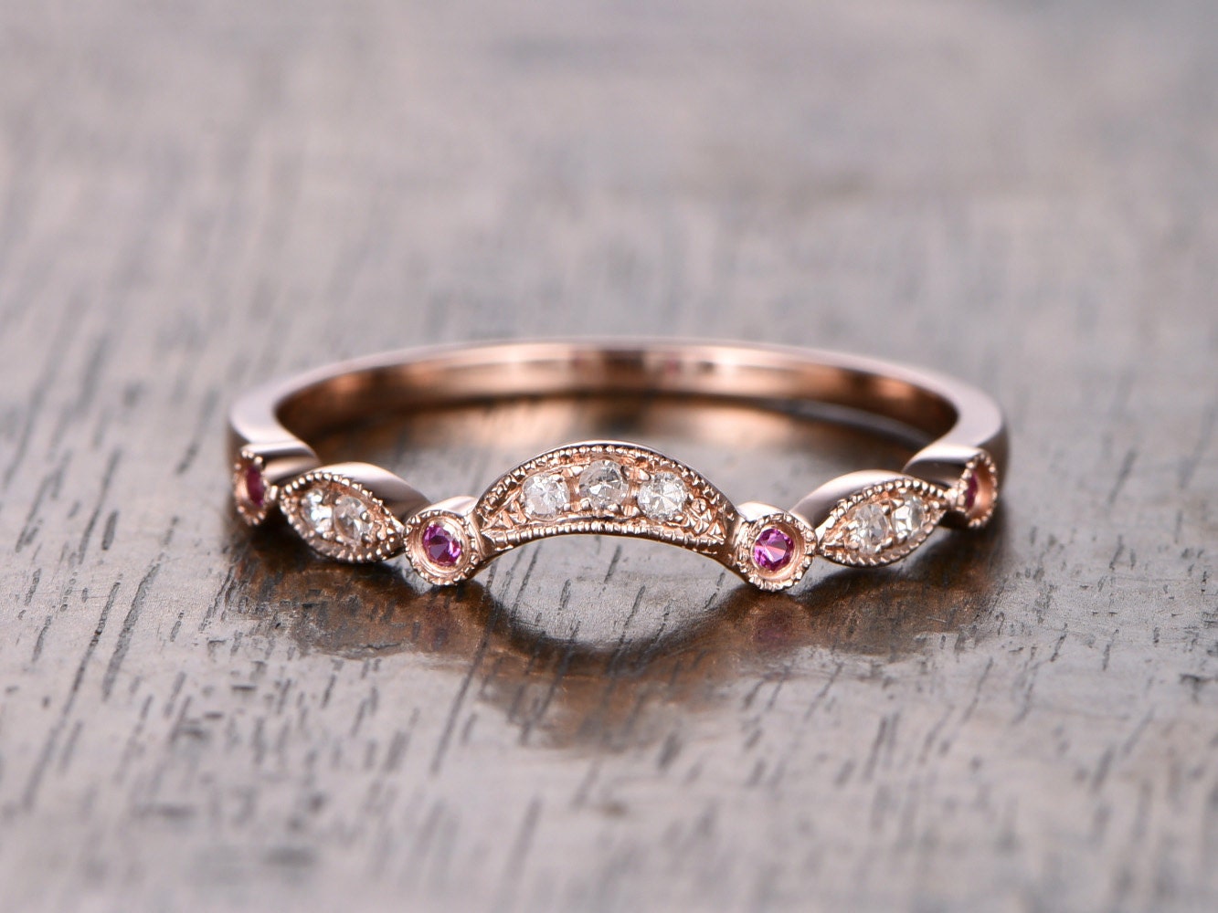 diamond-ruby-wedding-band-milgrain-art-deco-half-eternity-band-bezel-set-marquise-and-dot-ring-in-14k-rose-gold