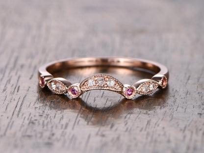 diamond-ruby-wedding-band-milgrain-art-deco-half-eternity-band-bezel-set-marquise-and-dot-ring-in-14k-rose-gold