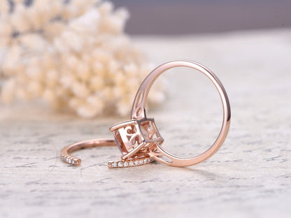 7x9mm Cushion Cut Morganite Engagement Ring Set 2pcs 14K Rose Gold Solitaire | Opening Thin Matching Band
