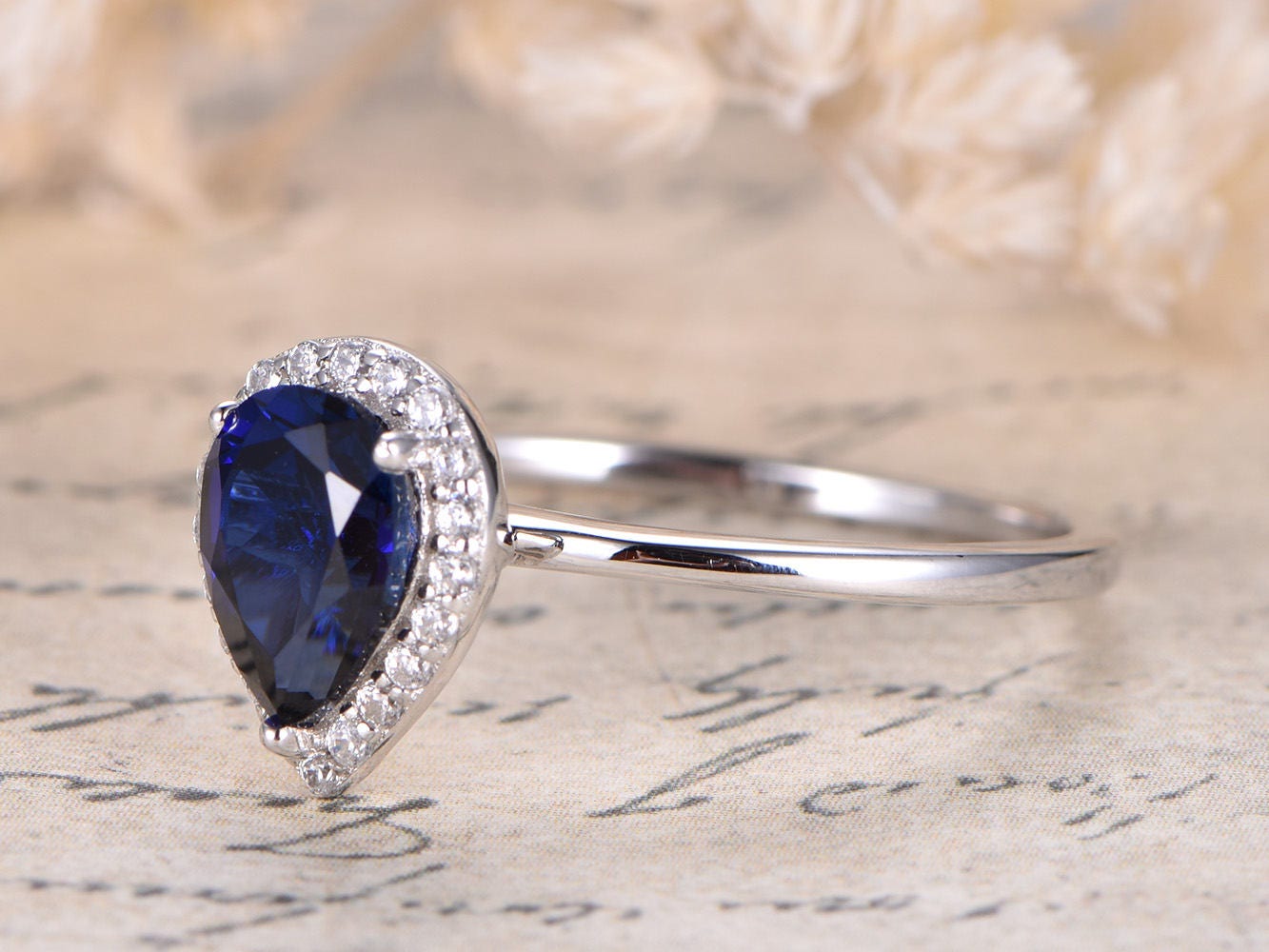 6x8mm Pear Cut Blue Sapphire Engagement Ring 14K White Gold Diamond Halo Plain Band