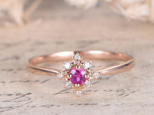 Bague de fiançailles en or rose 14 carats massif avec saphir rose VS, alliance en diamant, anneau simple, bague de promesse, bague de fiançailles délicate