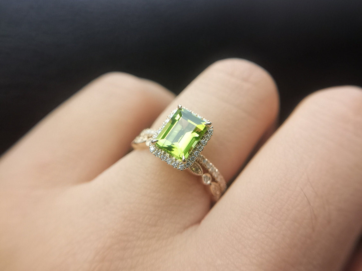 6x8mm-emerald-cut-peridot-engagement-ring-set-14k-rose-gold-art-deco-diamond-ring-august-birthstone