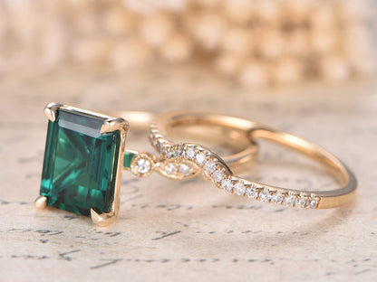 Bague de fiançailles en or jaune 14 carats avec émeraude, style Art déco, demi-alliance sertie de diamants (7 x 9 mm), bague de promesse avec émeraude taille émeraude.