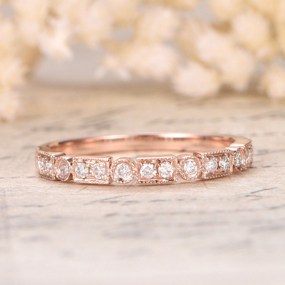 Bague de mariage Art Déco antique en or rose 14 carats, sertie de diamants, idéale pour la Saint-Valentin. Bague d'anniversaire, demi-alliance, sertie clos, bague empilable, cadeau pour la mère.
