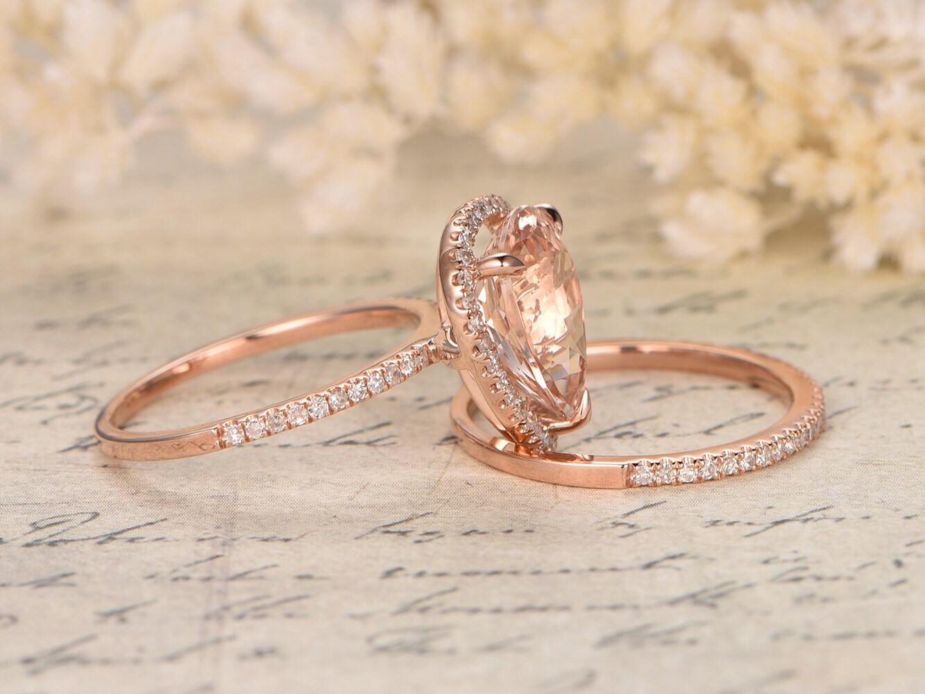 Ensemble de bagues de fiançailles en or rose et morganite, bague en morganite rose, alliance en diamant, demi-alliance, ensemble de bagues de mariage, ensemble de 2 bagues de mariée