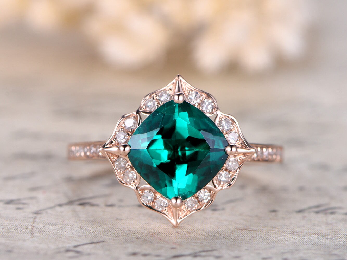 Bague de fiançailles émeraude, émeraude taille coussin 7 mm, alliance, pierre de naissance de mai, alliance pavée de diamants, or rose 14 carats