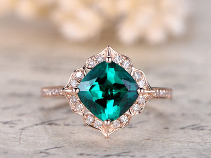 Bague de fiançailles émeraude, émeraude taille coussin 7 mm, alliance, pierre de naissance de mai, alliance pavée de diamants, or rose 14 carats