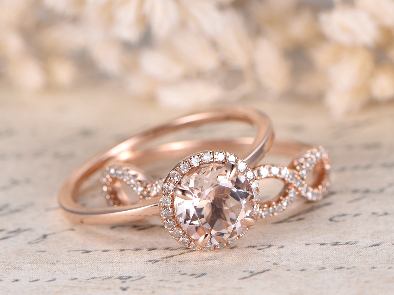 7mm-round-cut-morganite-engagement-ring-set-2pcs-14k-rose-gold-diamond-halo-twist-matching-band
