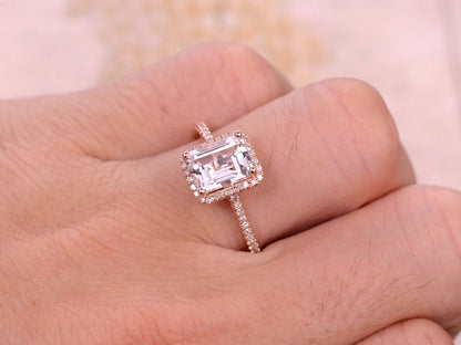 6x8mm-emerald-cut-white-topaz-engagement-ring-14k-rose-gold-diamond-halo-half-eternity-band-design-ball-prongs