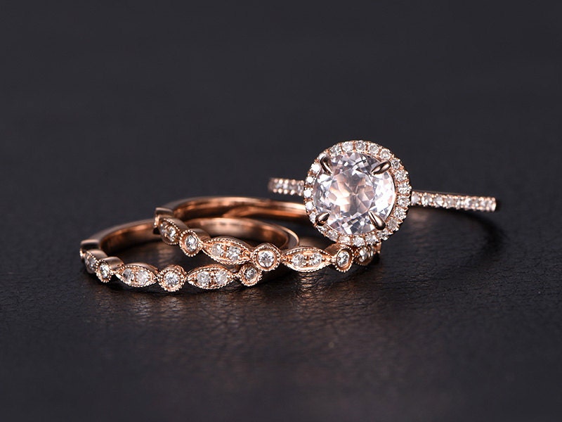 7mm-round-cut-morganite-engagement-ring-set-3pcs-14k-rose-gold-diamond-halo-half-eternity-two-art-deco-band