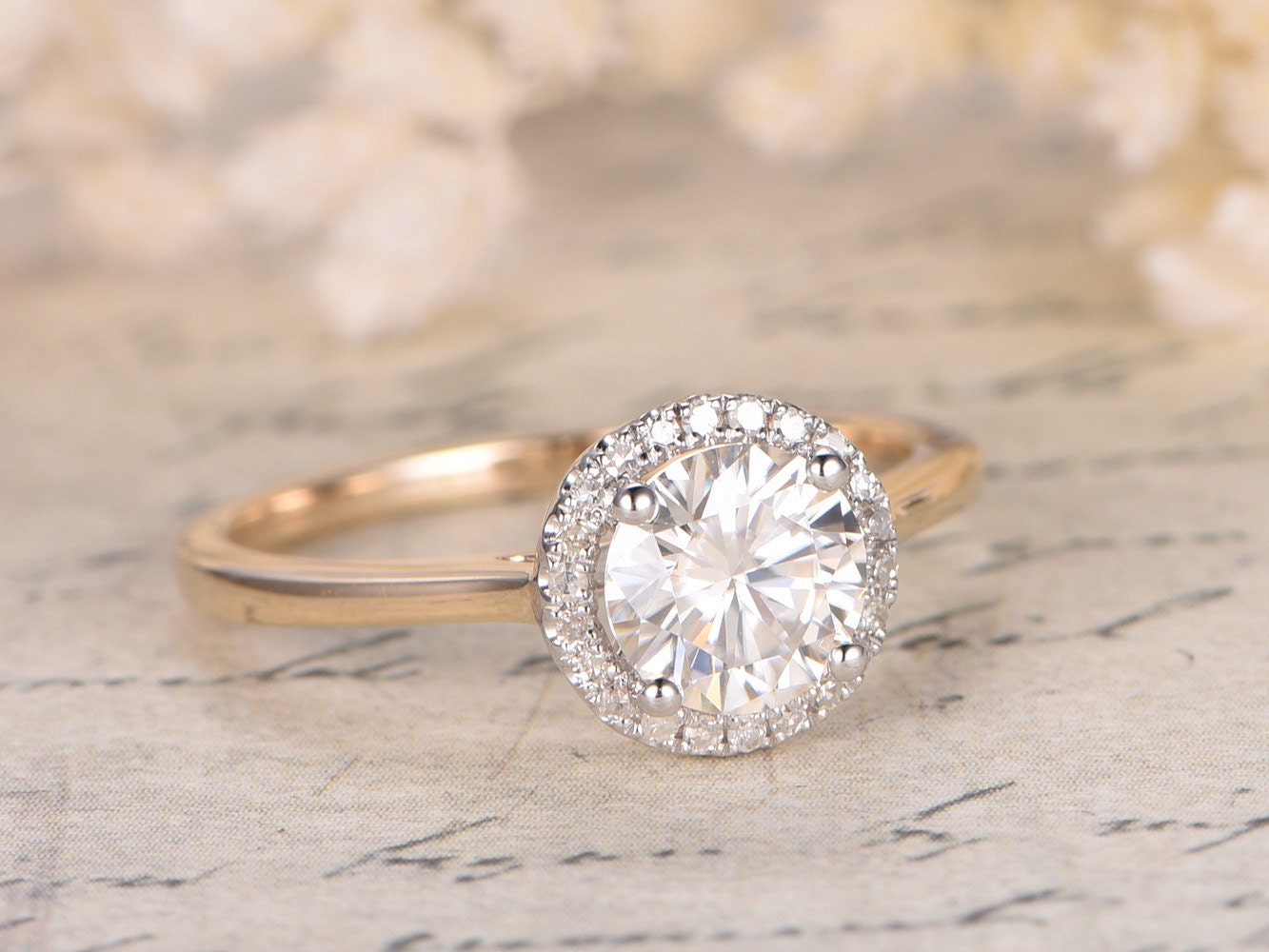 6.5mm-round-cut-moissanite-engagement-ring-14k-yellow-gold-and-white-gold-diamond-halo-plain-band