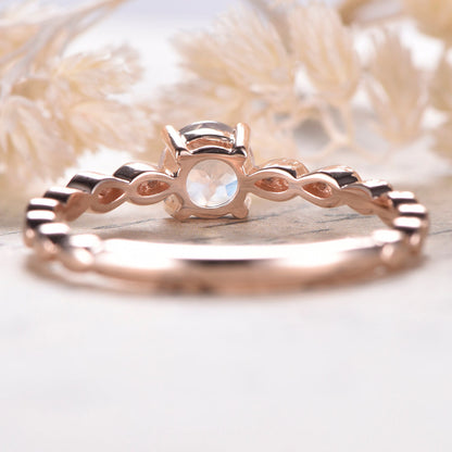 5mm Round Cut Rainbow Moonstone Engagement Ring 14K Rose Gold Diamond Art Deco Solitaire