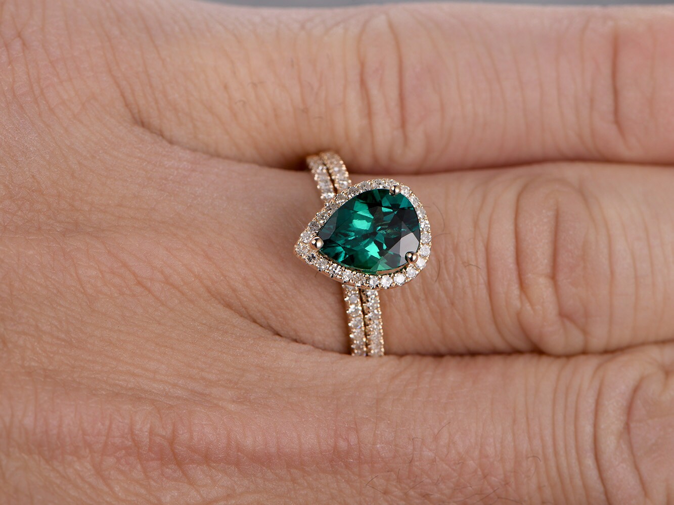 Ensemble de 2 bagues, alliance en émeraude, bague de fiançailles en émeraude taille poire, alliance assortie en diamants, ensemble de mariage, or jaune 14 carats