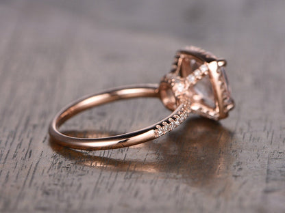 Bague de fiançailles en morganite, or rose, alliance en diamants, pierre précieuse coussin, bague de promesse, halo 8 mm, or massif 14 carats
