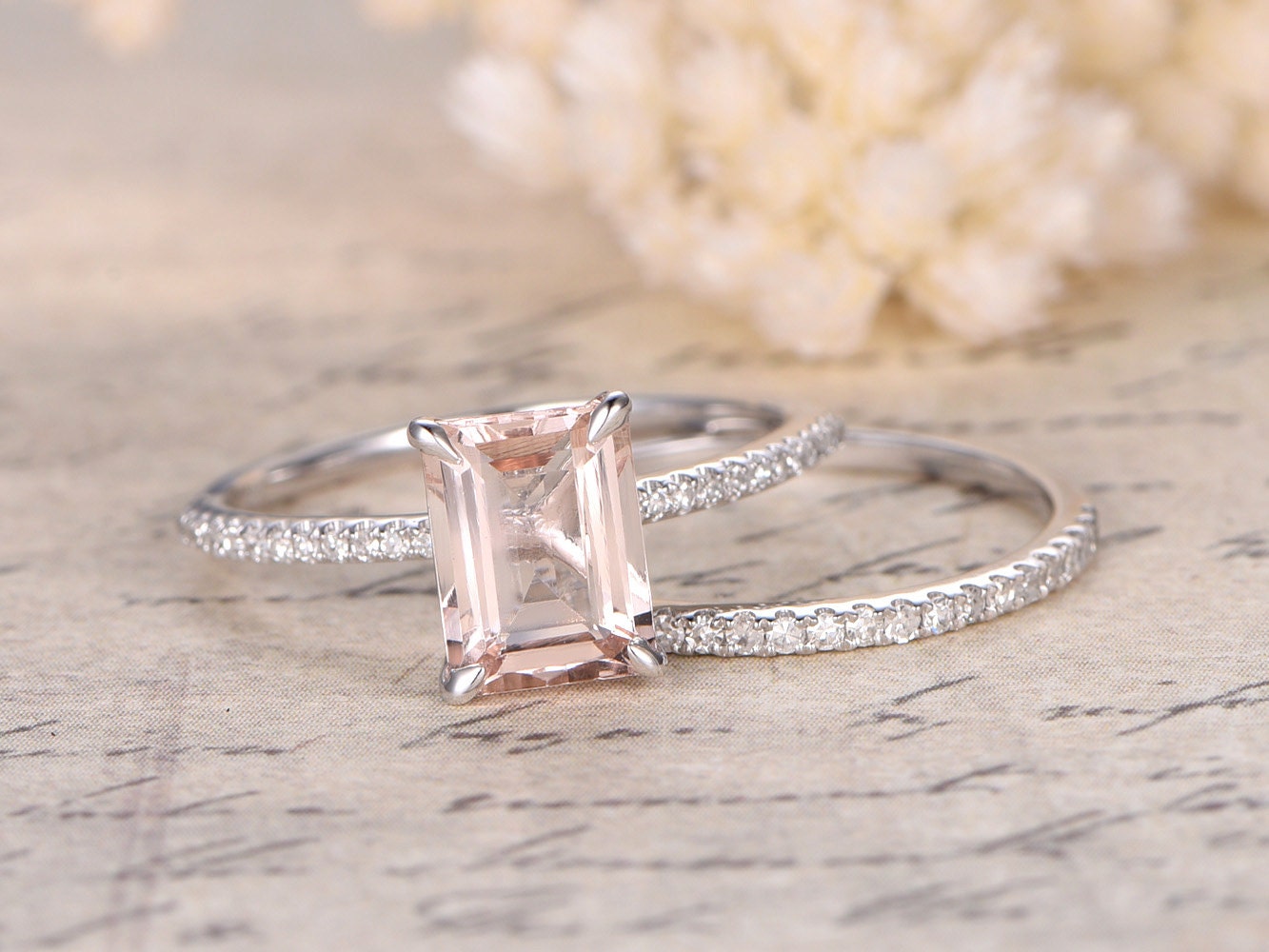 Bague en morganite taille émeraude 6-8 mm, ensemble de bagues en morganite taille émeraude, bague de fiançailles en morganite, alliance fine en diamant assortie, ensemble de mariage